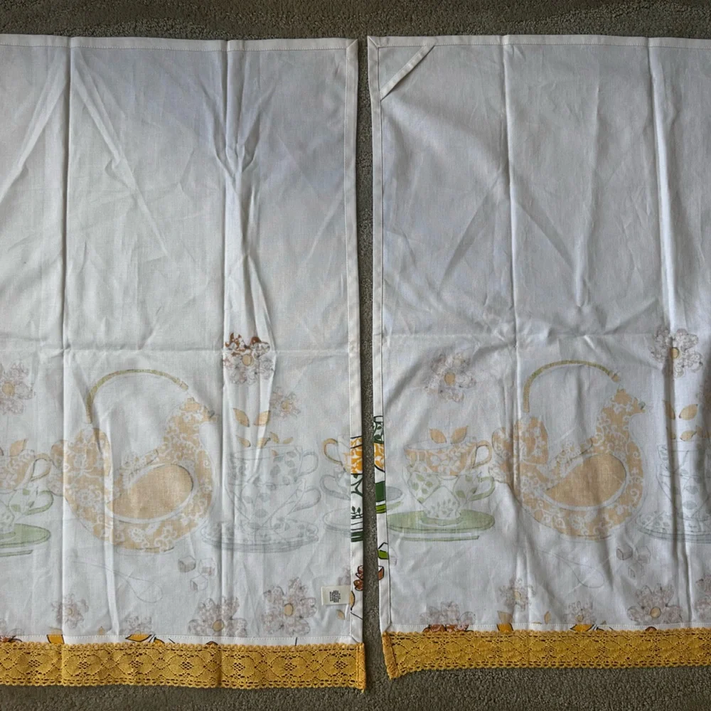 NEW Anthropologie 2 Cotton Tea Towels Bird Teapot Floral Mid Century Print